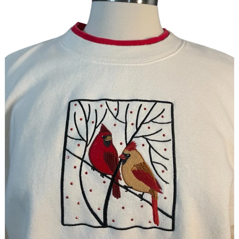 Vintage Cottagecore Whimsical Aesthetic Embroidered Cardinal Pullover Sweatshirt - Picture 6 of 10